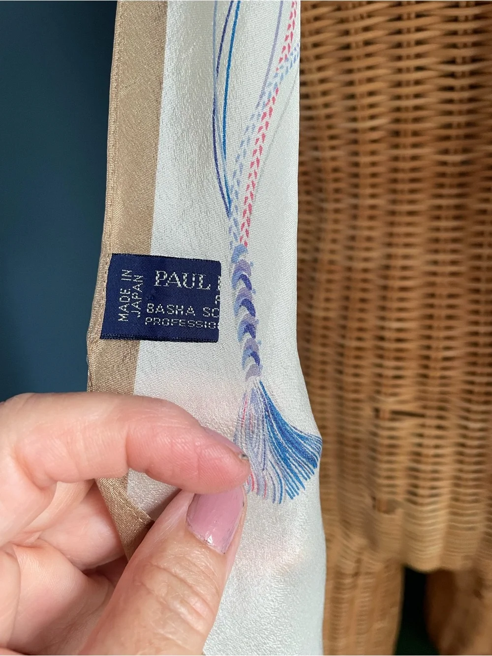 Paul Renard Vintage Silk Scarf Cream Beige Blue Tassel Print Pointed Edge